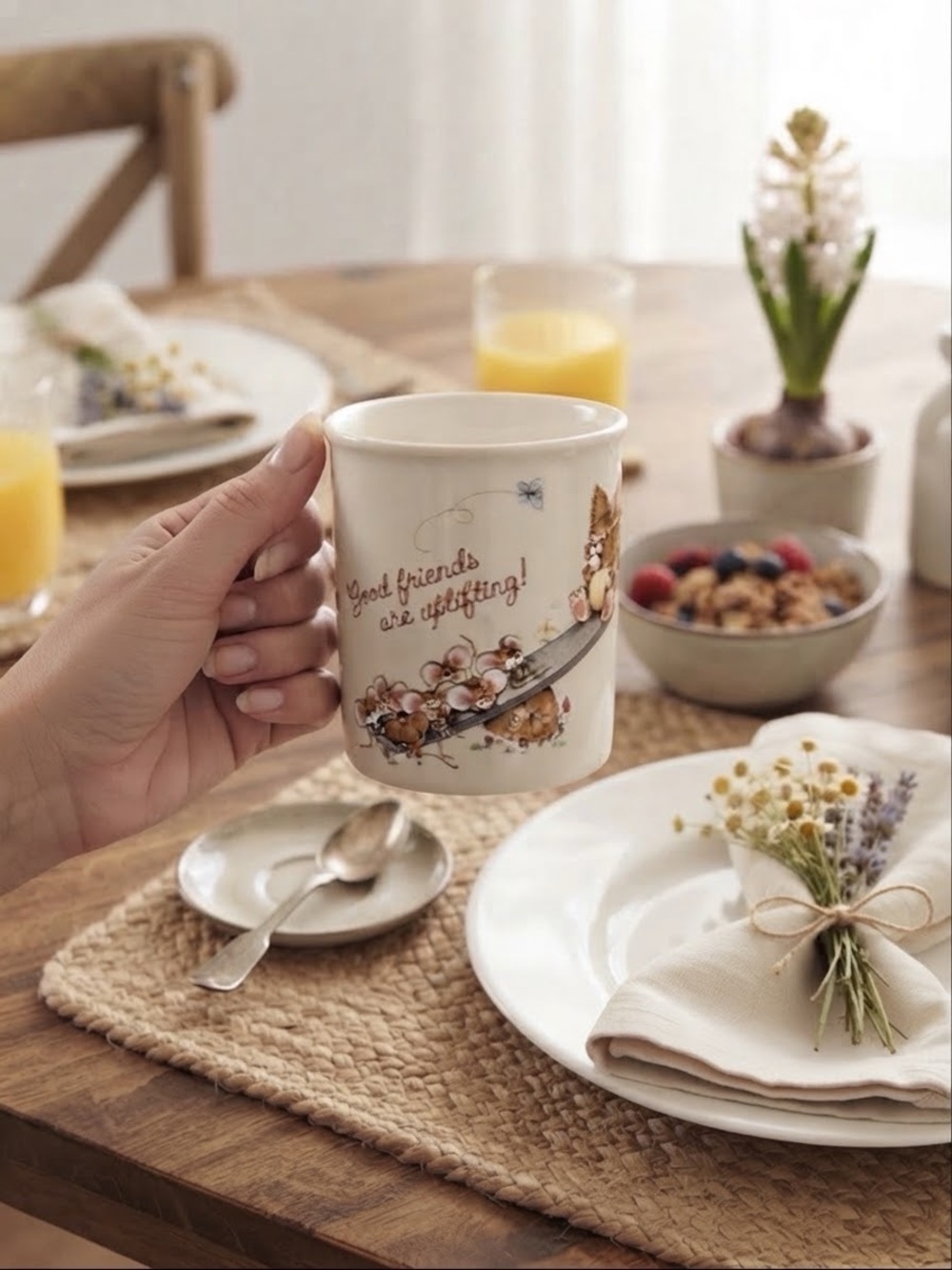 VINTAGE HALLMARK Uplifting Friends White Ceramic Bunny & Mice Coffee Mug